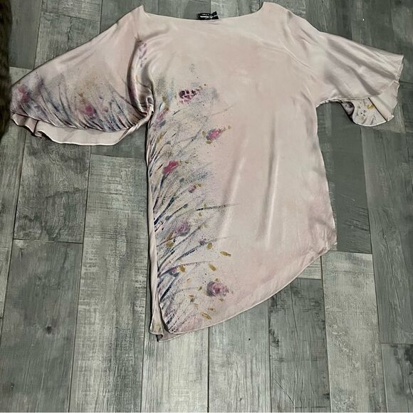 Boho 100% Silk Pink Scoop Neck Fairy Butterfly Sleeve Asymmetrical Mini Dress XS - Picture 9 of 15